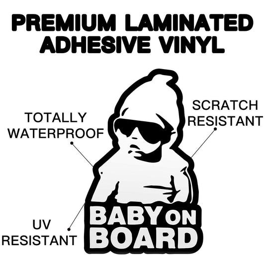 Baby on Board” sticker featuring a baby wearing glasses on a black background