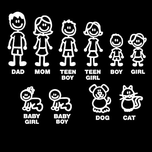 Custom-designed family car decals - Typically ranges from 2"–6" tall per figure