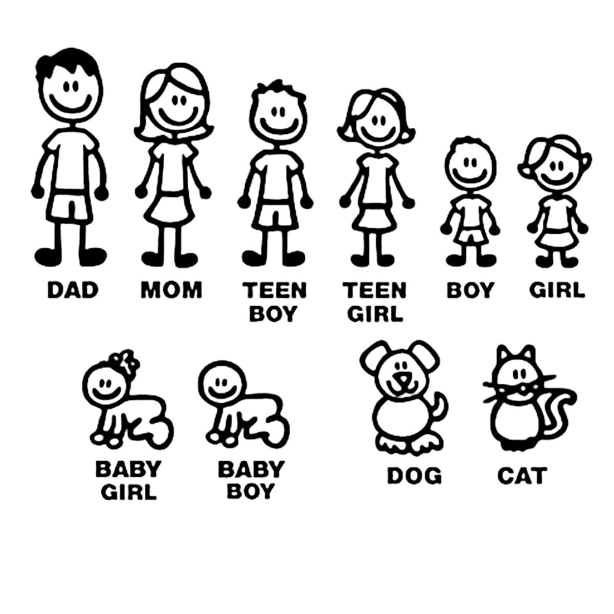 Custom-designed family car decals - Typically ranges from 2"–6" tall per figure