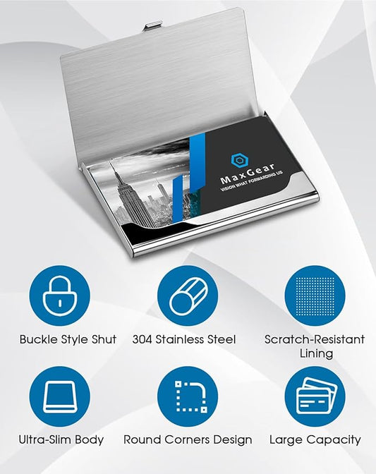 MaxGear Personalized Metal Business Card Holder – Silver Mirror Finish