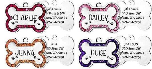 Personalized Glitter Bone-Shaped Pet ID Tags – Custom Engraving for Dogs & Cats | 12 Sparkling Colors