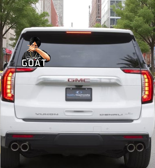 10" Sidhu Moosewala colored car decal with "GOAT" written underneath