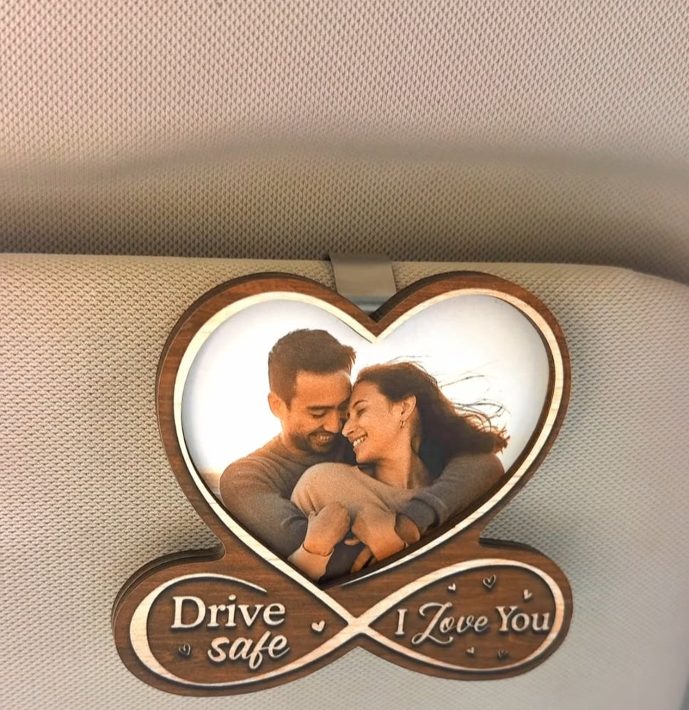 Personalized Laser-Engraved Wooden Visor Clip – Drive Safe Keepsake with Photo
