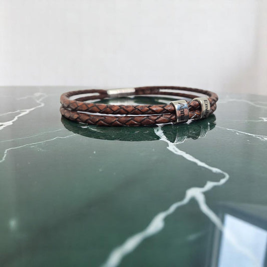 Unisex Leather Bracelet with Laser-Engraved Name Beads – Magnetic Steel Clasp
