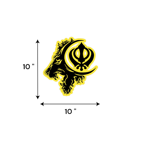 Lion & Khanda Symbol UV Decal – 10” Black Design on Yellow Background