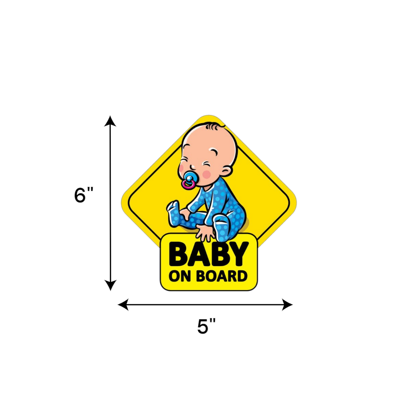 Baby on Board" sticker featuring a baby boy in a blue and yellow design with black writing