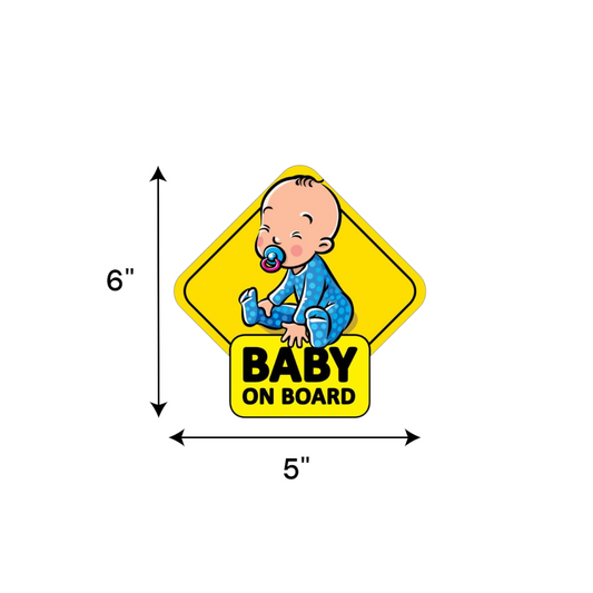Baby on Board" sticker featuring a baby boy in a blue and yellow design with black writing