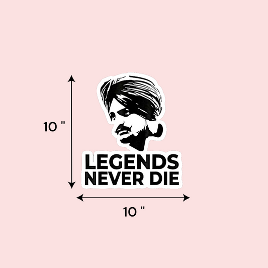 10" black and white Sidhu Moosewala UV decal with "LEGENDS NEVER DIE" wording