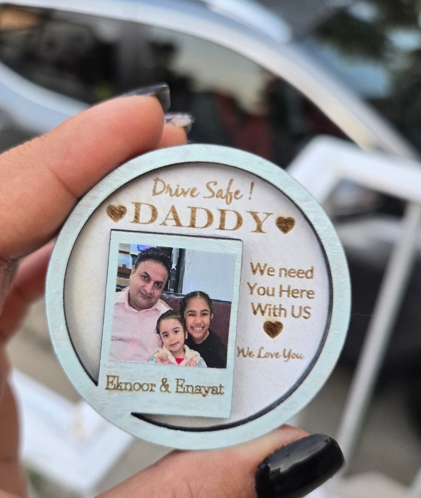 Personalized Laser-Engraved Wooden Visor Clip – Drive Safe Keepsake with Photo