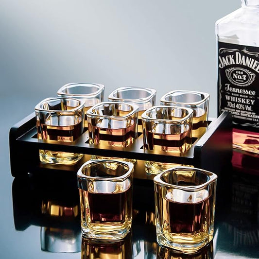 Laser-Engraved Heavy Base Shot Glass Set – 6 Pack (2.2 oz, Square Design)