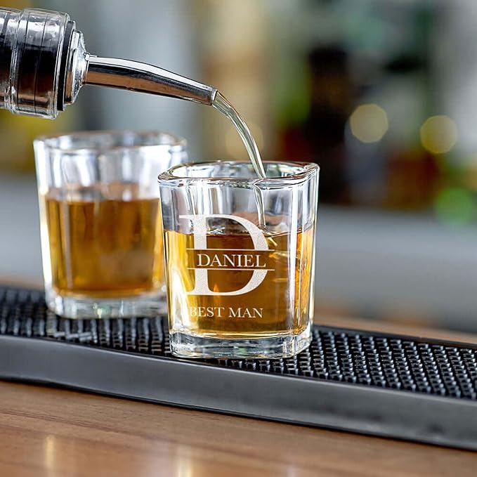 Laser-Engraved Heavy Base Shot Glass Set – 6 Pack (2.2 oz, Square Design)