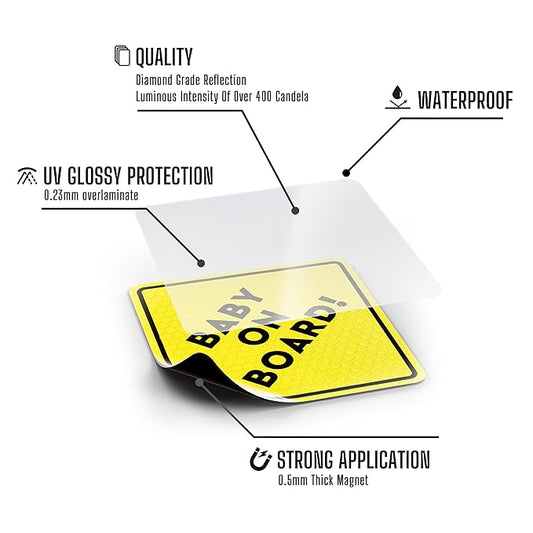 Magnetic “Baby on Board” Sticker in a vibrant yellow color