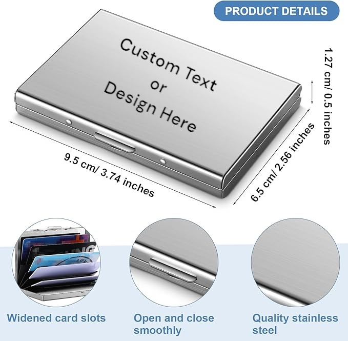 Personalized Stainless Steel RFID Credit Card Holder – Custom Engraved Metal Wallet with 6 Slots (Silver, Black, Blue)