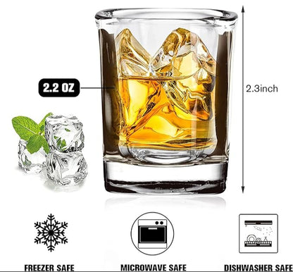 Laser-Engraved Heavy Base Shot Glass Set – 6 Pack (2.2 oz, Square Design)