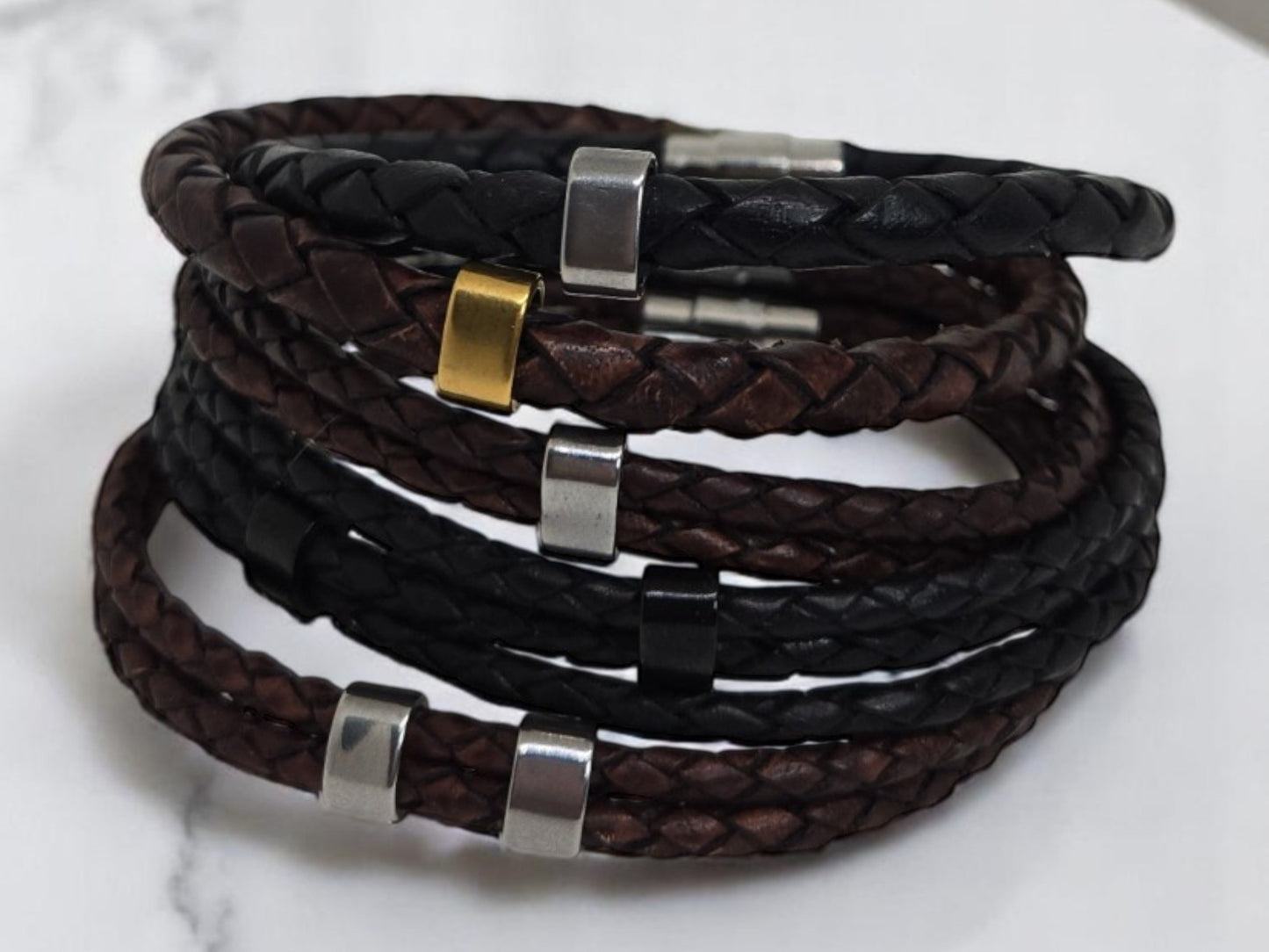 Unisex Leather Bracelet with Laser-Engraved Name Beads – Magnetic Steel Clasp