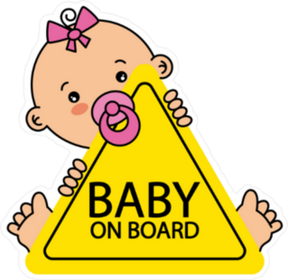 Baby on Board" sticker featuring a baby girl with a pink bow, holding a yellow sign with black writing