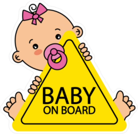 Baby on Board" sticker featuring a baby girl with a pink bow, holding a yellow sign with black writing