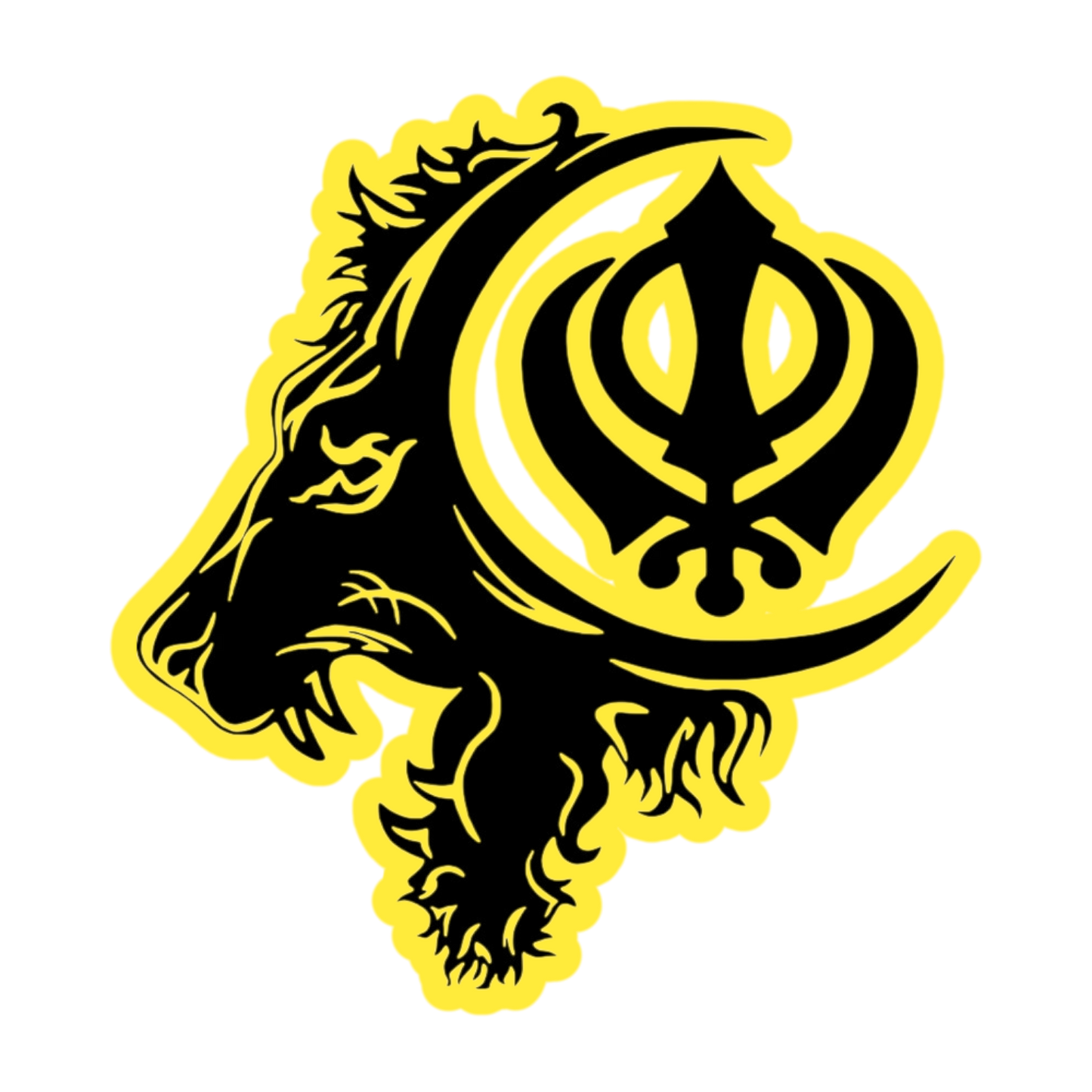 Lion & Khanda Symbol UV Decal – 10” Black Design on Yellow Background