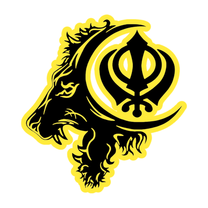 Lion & Khanda Symbol UV Decal – 10” Black Design on Yellow Background