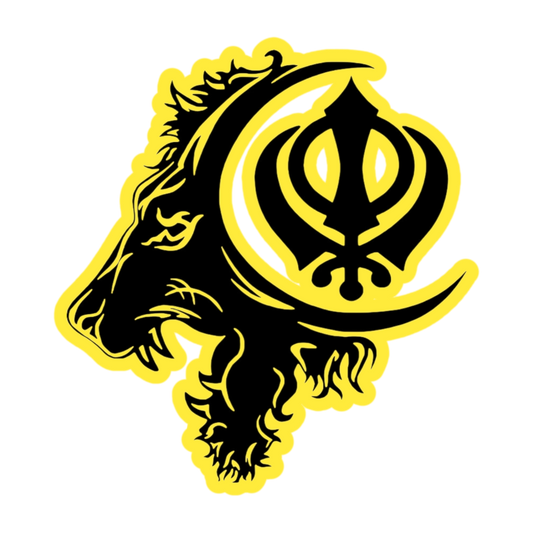 Lion & Khanda Symbol UV Decal – 10” Black Design on Yellow Background