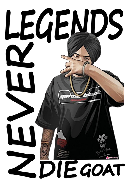 12" tall Sidhu Moosewala UV decal featuring “Legends Never Die” and “GOAT”