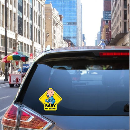 Baby on Board" sticker featuring a baby boy in a blue and yellow design with black writing