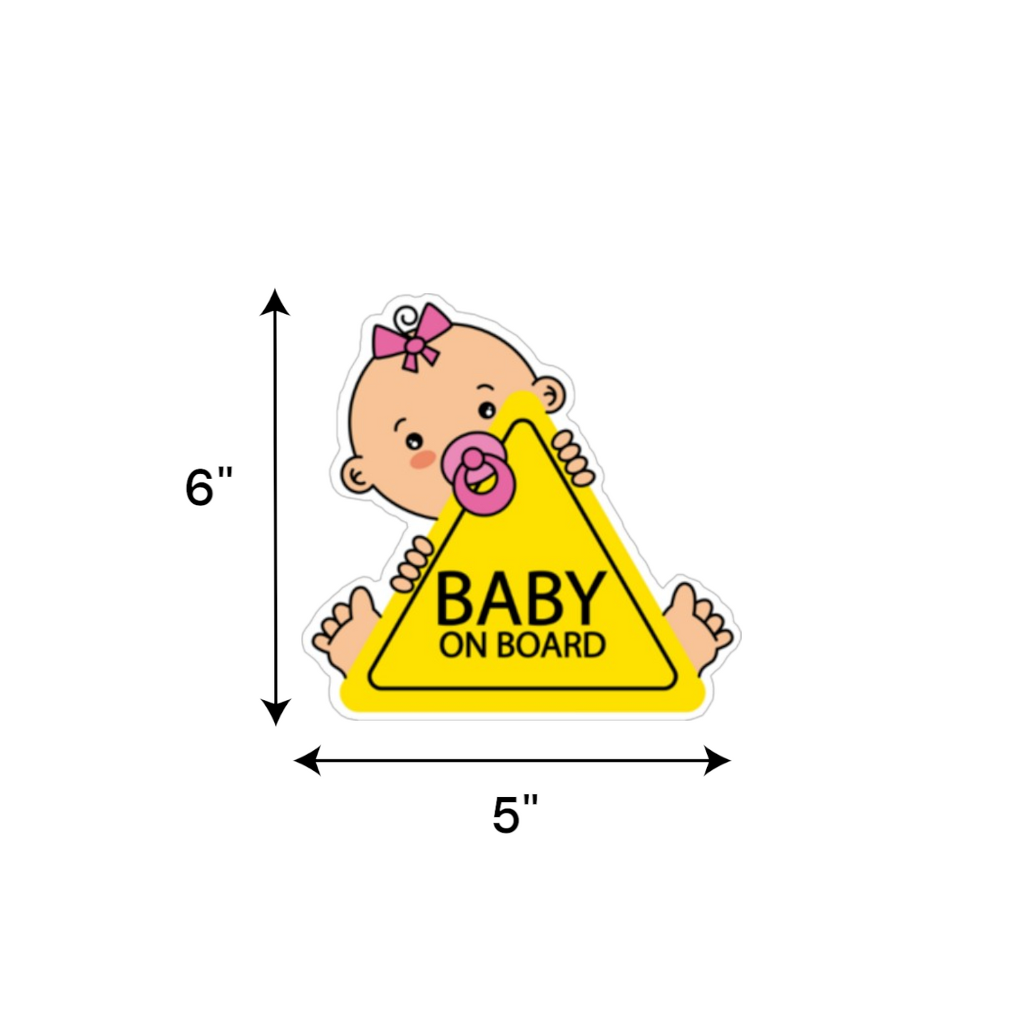 Baby on Board" sticker featuring a baby girl with a pink bow, holding a yellow sign with black writing