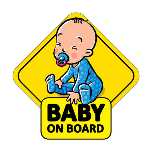 Baby on Board" sticker featuring a baby boy in a blue and yellow design with black writing