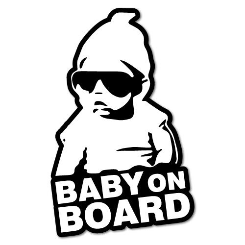 Baby on Board” sticker featuring a baby wearing glasses on a black background