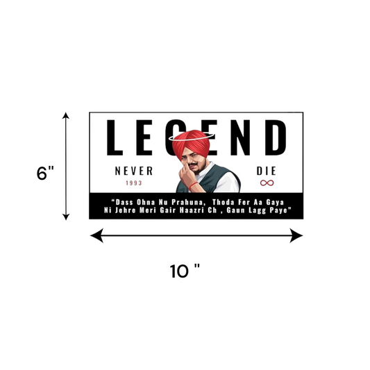 10" number plate-style Sidhu Moosewala UV decal with “LEGENDS NEVER DIE”